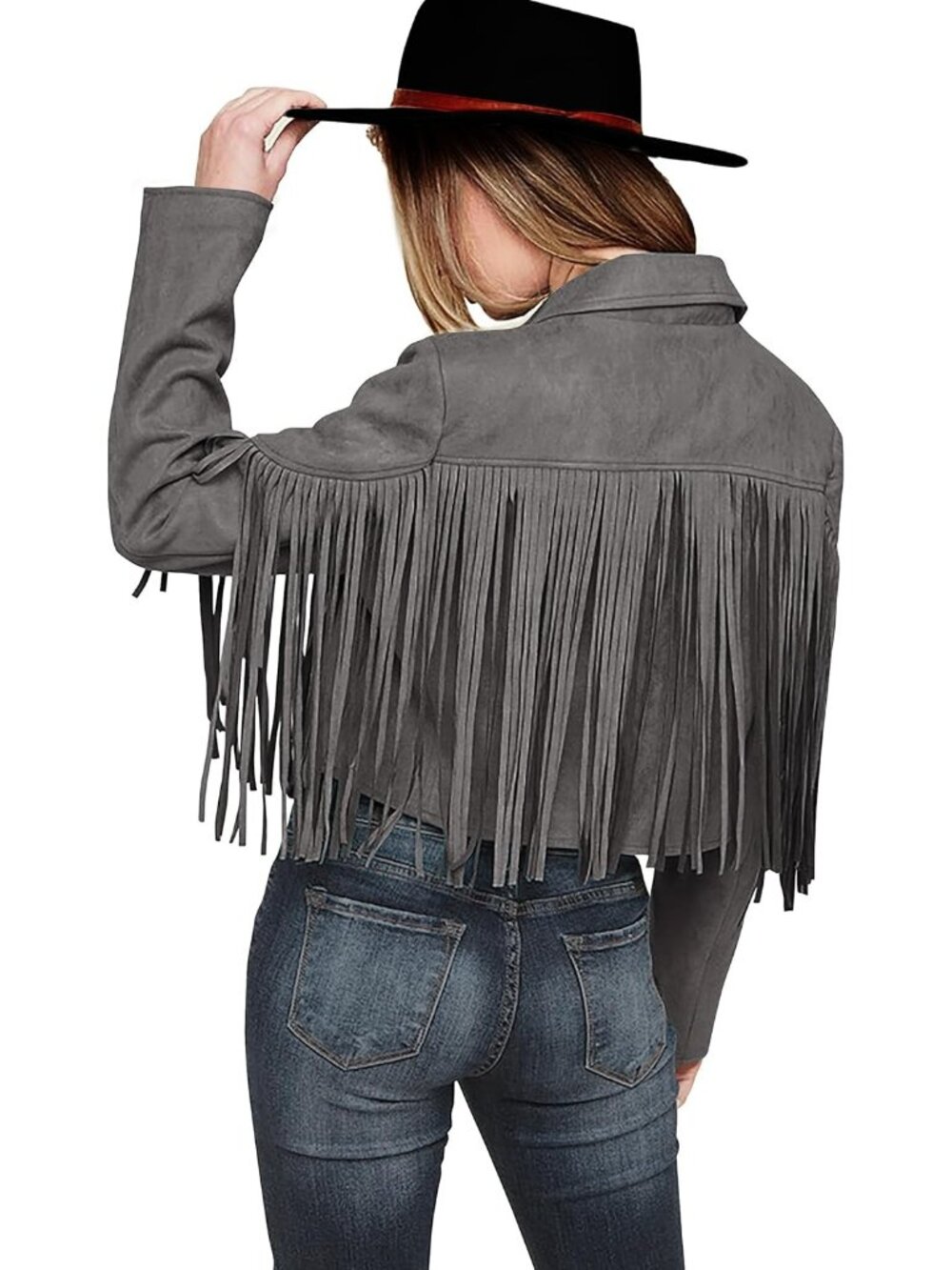 Women's Grey Fringe Suede Leather Tassel Detail  Motorcycle Cropped Jackets